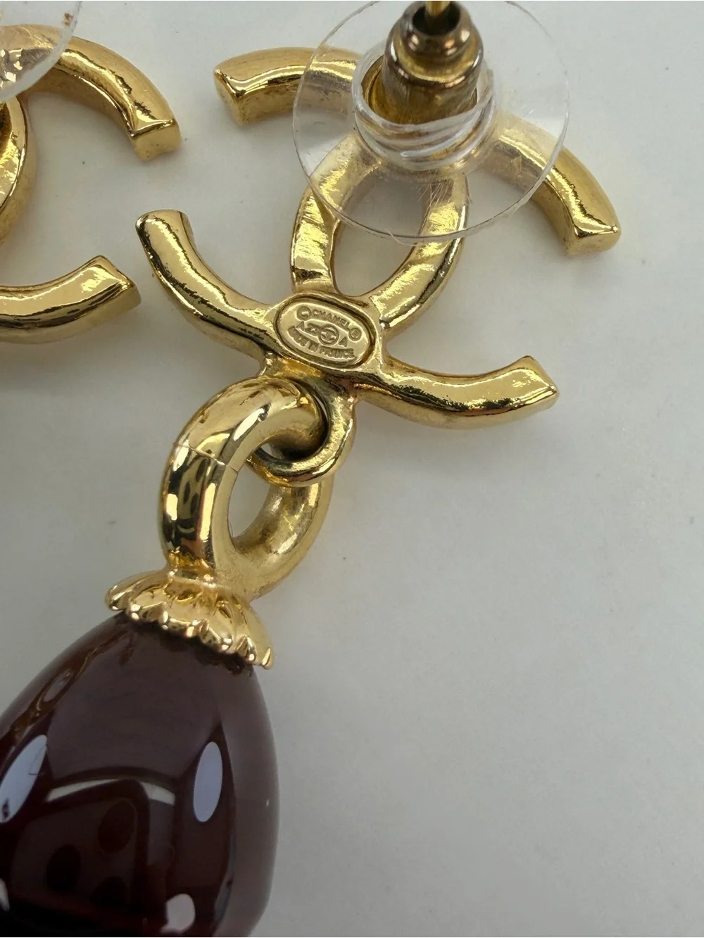 Chanel Gold-Tone CC Drop Earrings with Red Stone 2023